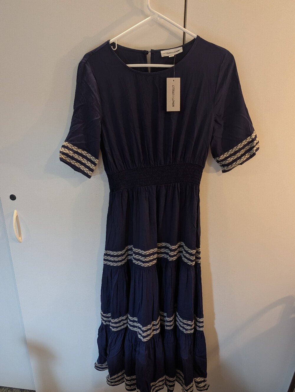 Citrus & Lemon Womans Small Navy Short Sleeve Maxi Dress with Braided Trim NWT
